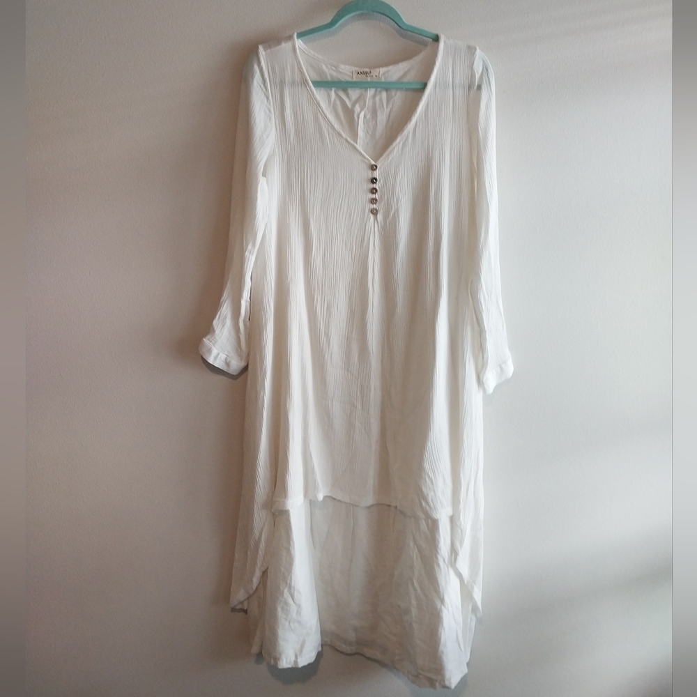 Anself White Gauze Long Sleeve Lagenlook Tiered Maxi Dress